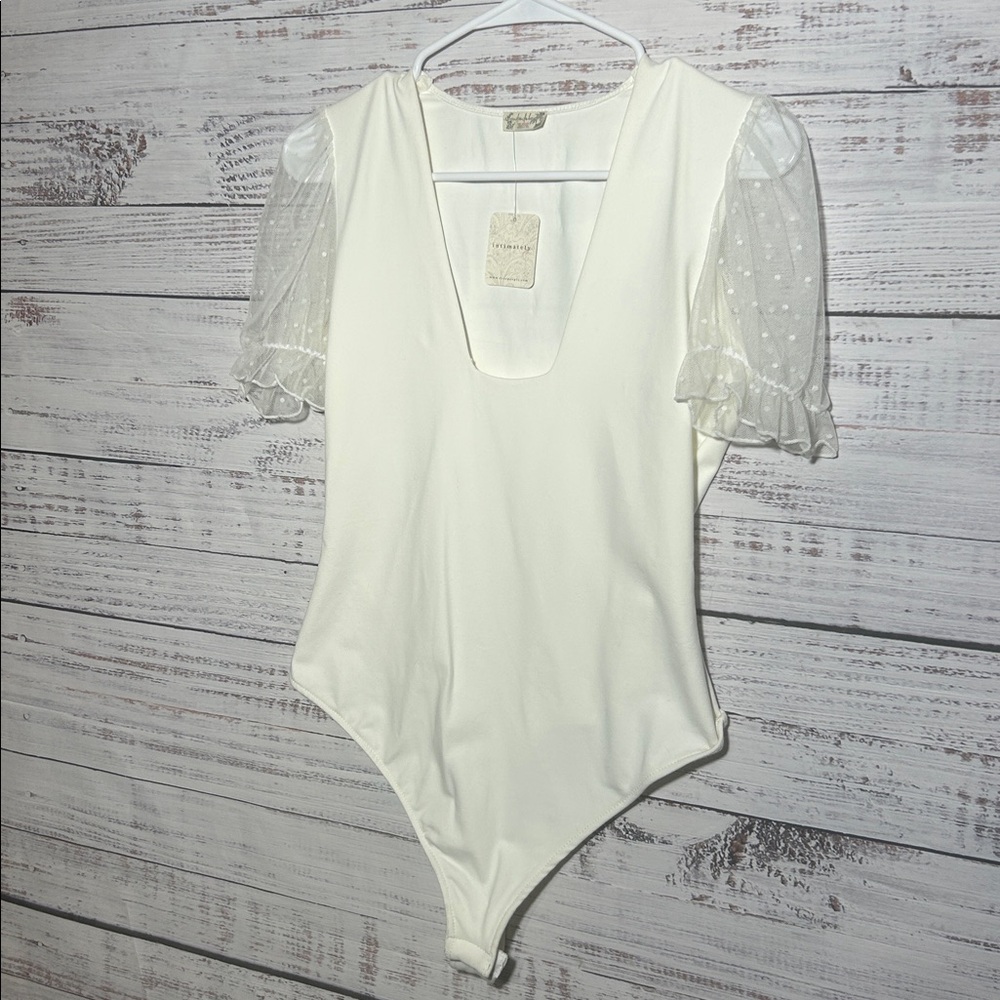 Intimately Free People Bare & Square Bodysuit Sheer Polka Dot Sleeves Ivory NWT - Picture 7 of 16